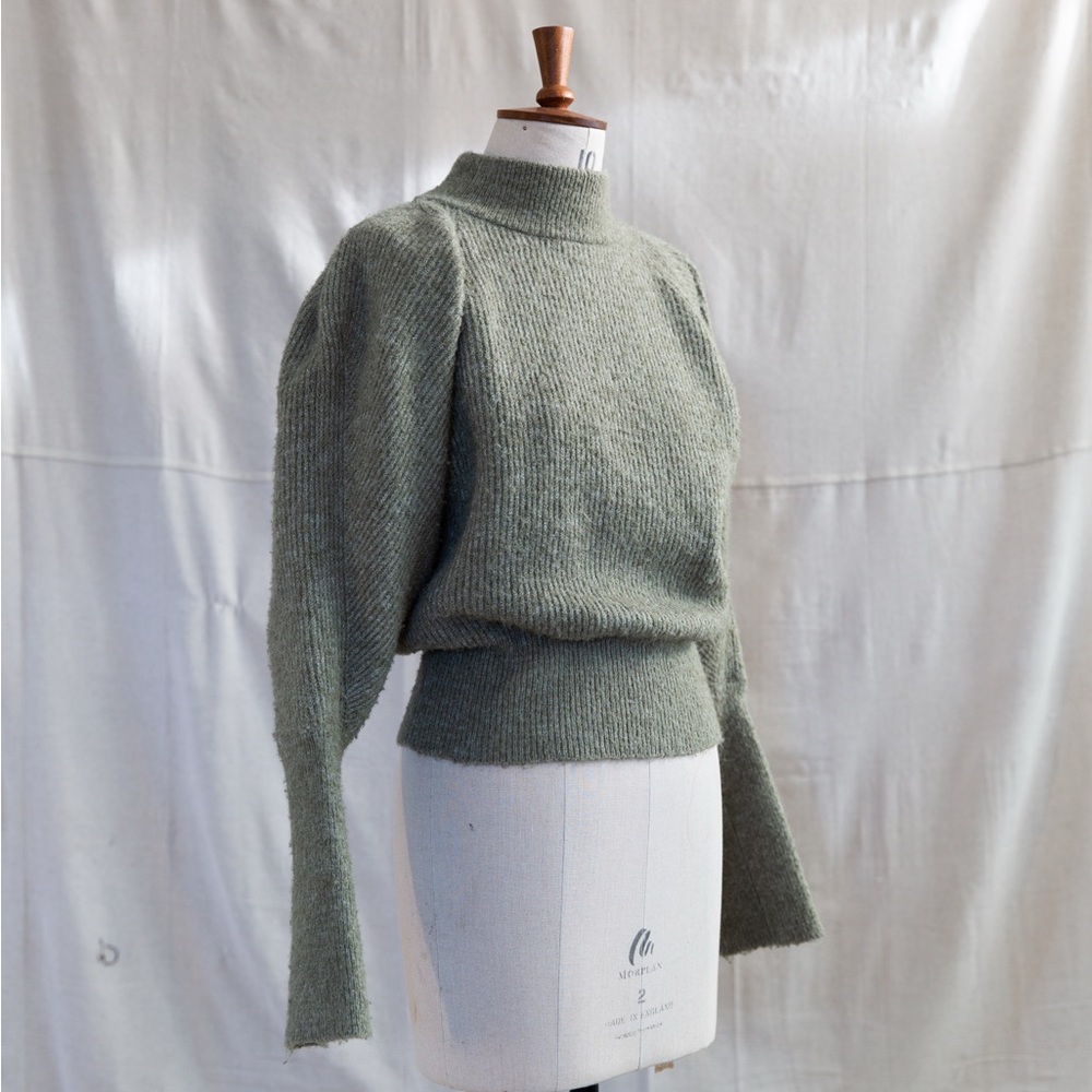 Prologue Olive-Sage Green Cowl Neck Sweater with puffy princess shoulder